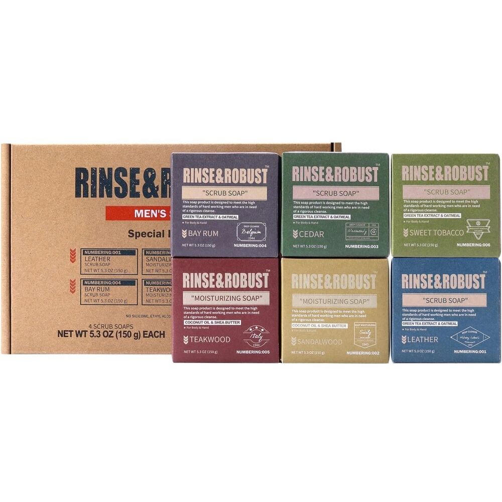 Rinse & Robust Men's Bar Soap 6Pcs All Natural Handmade Men's Gifts Holidays